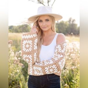 Women’s — Cardigan — Crochet Block Print Cropped Cardigan — Beige/White — Size L